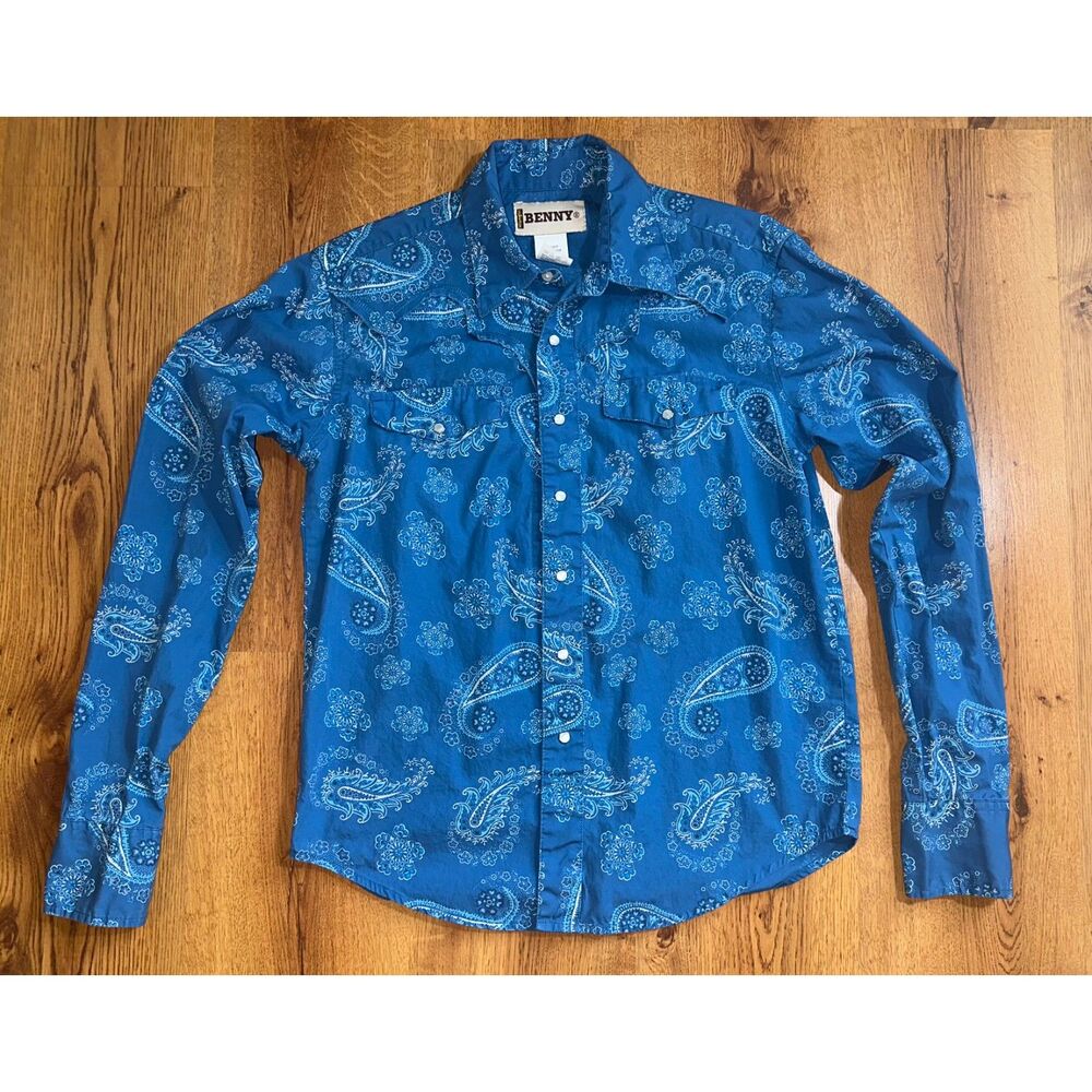 Vintage Benny by Wrangler Pearl Snap Blue Button Up,‎ Size Small
